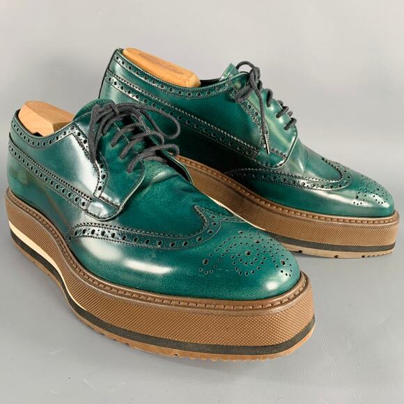 PRADA Size 6.5 Green Brown Wingtip Leather Platform Lace-Up Shoes - Picture 1 of 8